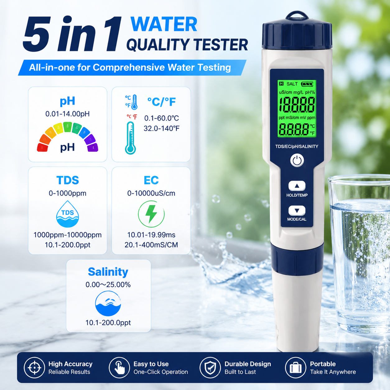 Ec Meter Digital - 5-in-1 Digital Water Test Pen PH