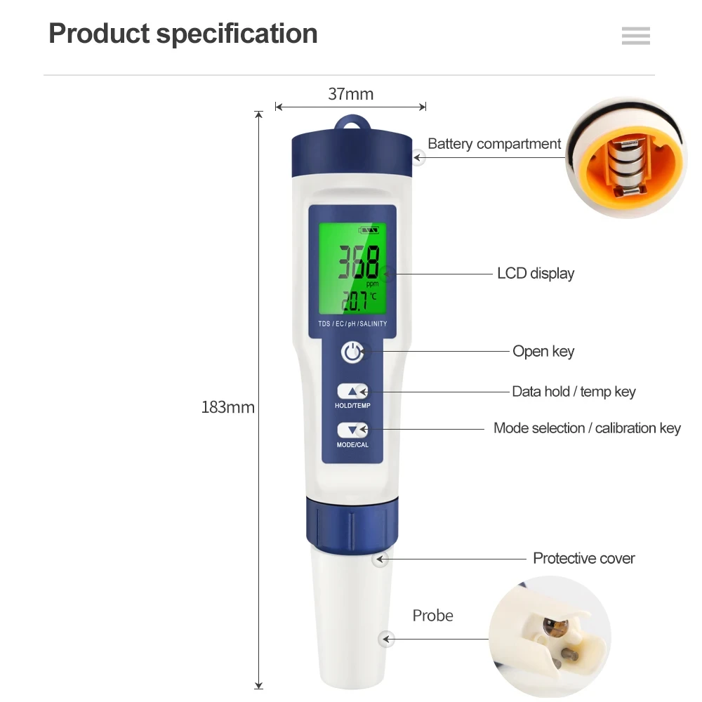 5-in-1 Digital PH TDS EC Salin - đánh giá và giá Ec Meter Digital